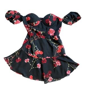 White Fox Boutique Monte‎ Carlo Mini Dress Strapless Black Red Floral juniors  L